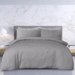 Sleepdown Premium Hotel Quality 100% Cotton Satin Stripe Duvet Cover Set with Pillowcases Quilt Bedding Soft Easy Care Luxury Bed Linen - Grey - Double (200cm x 200cm)