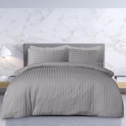 Sleepdown Premium Hotel Quality 100% Cotton Satin Stripe Duvet Cover Set with Pillowcases Quilt Bedding Soft Easy Care Luxury Bed Linen - Grey - Double (200cm x 200cm)