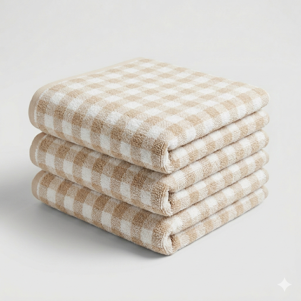 Beige Gingham Checkered Cotton Towel